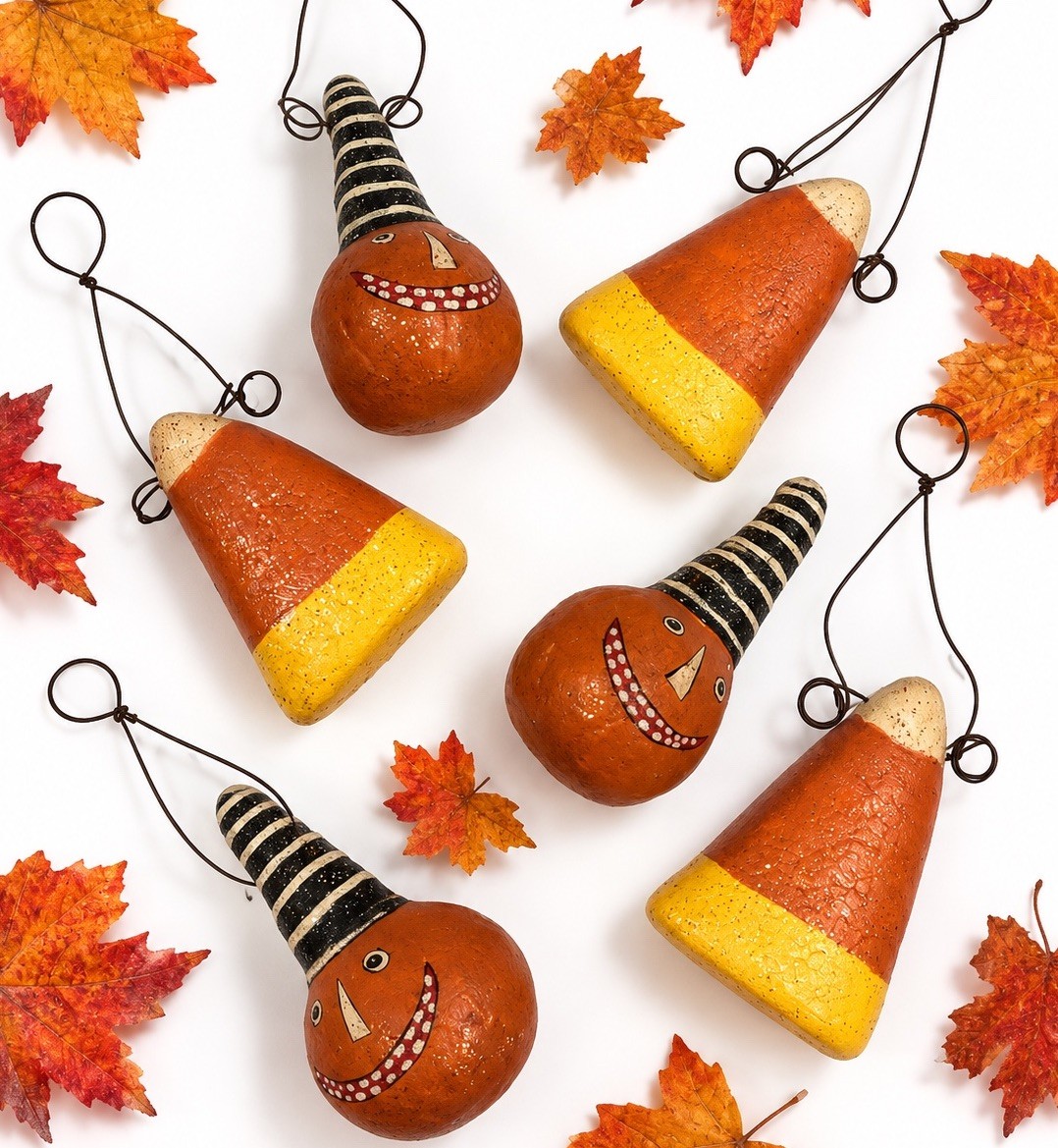 Vtg Halloween Candy Corn & Whimsical Pumpkin Head Ornaments, Primitive Folk Art