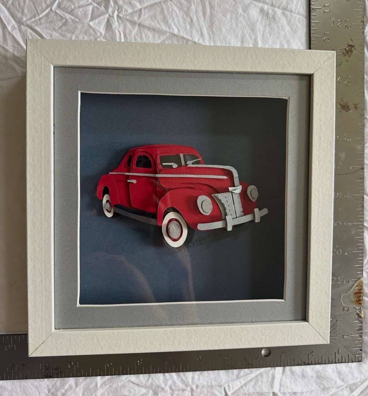 Framed Red Vintage Truck Artwork Handcut Layered Paper 9x9