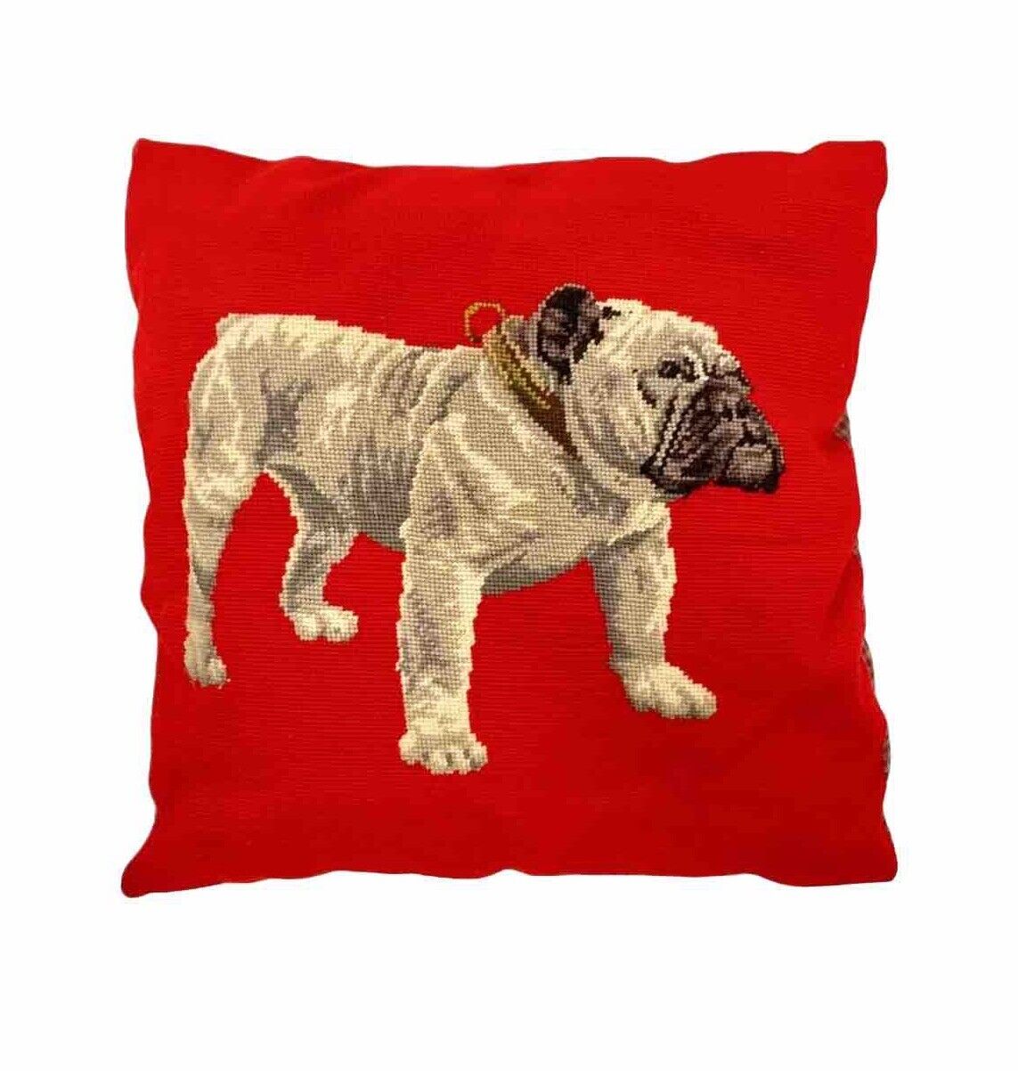 Dog Design Decorative Pillow Bulldog Needlepoint Tapestry Vintage Decor