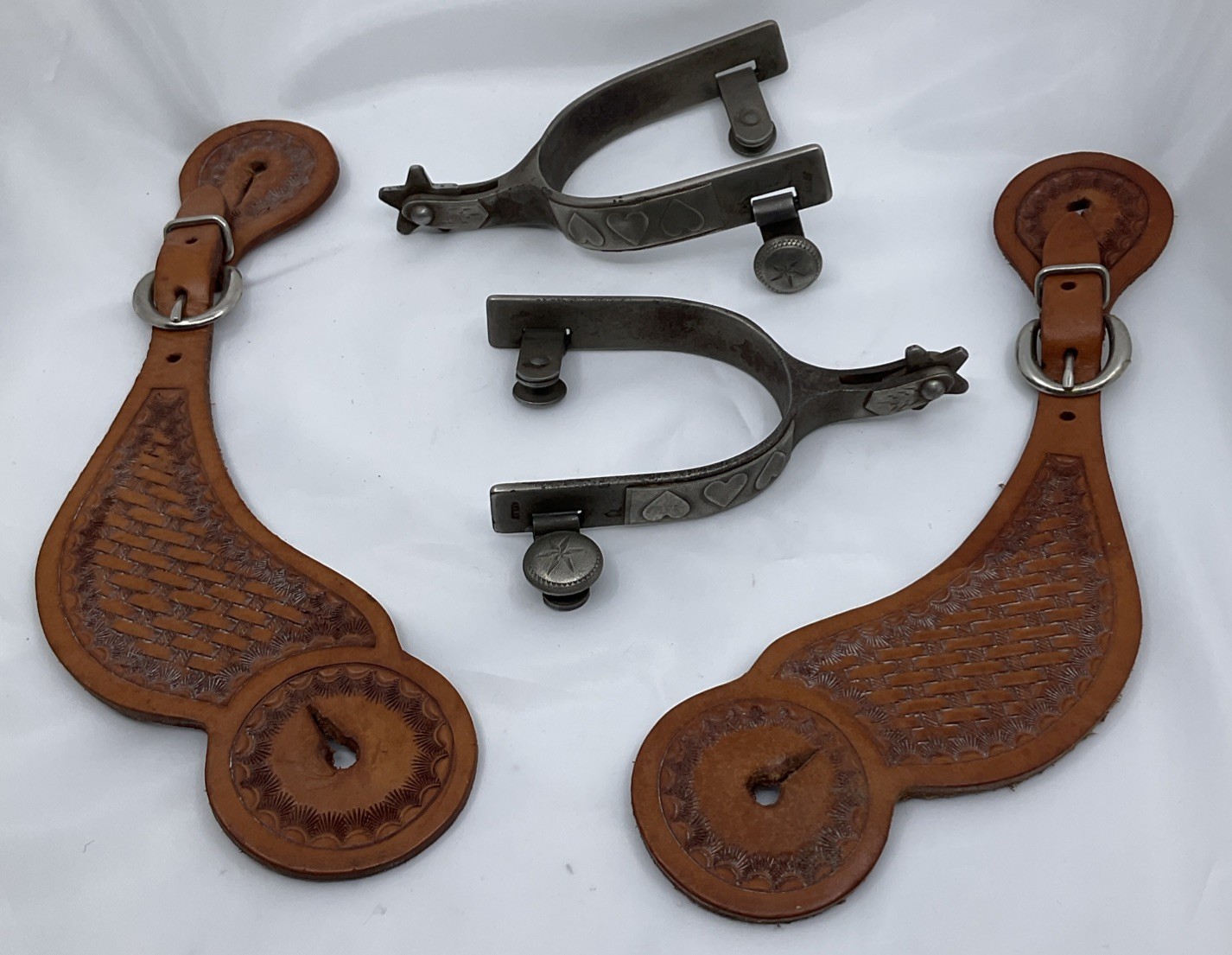 Vintage Kelly Cowgirl Cowboy Spurs German Silver Hearts decoration Leather strap