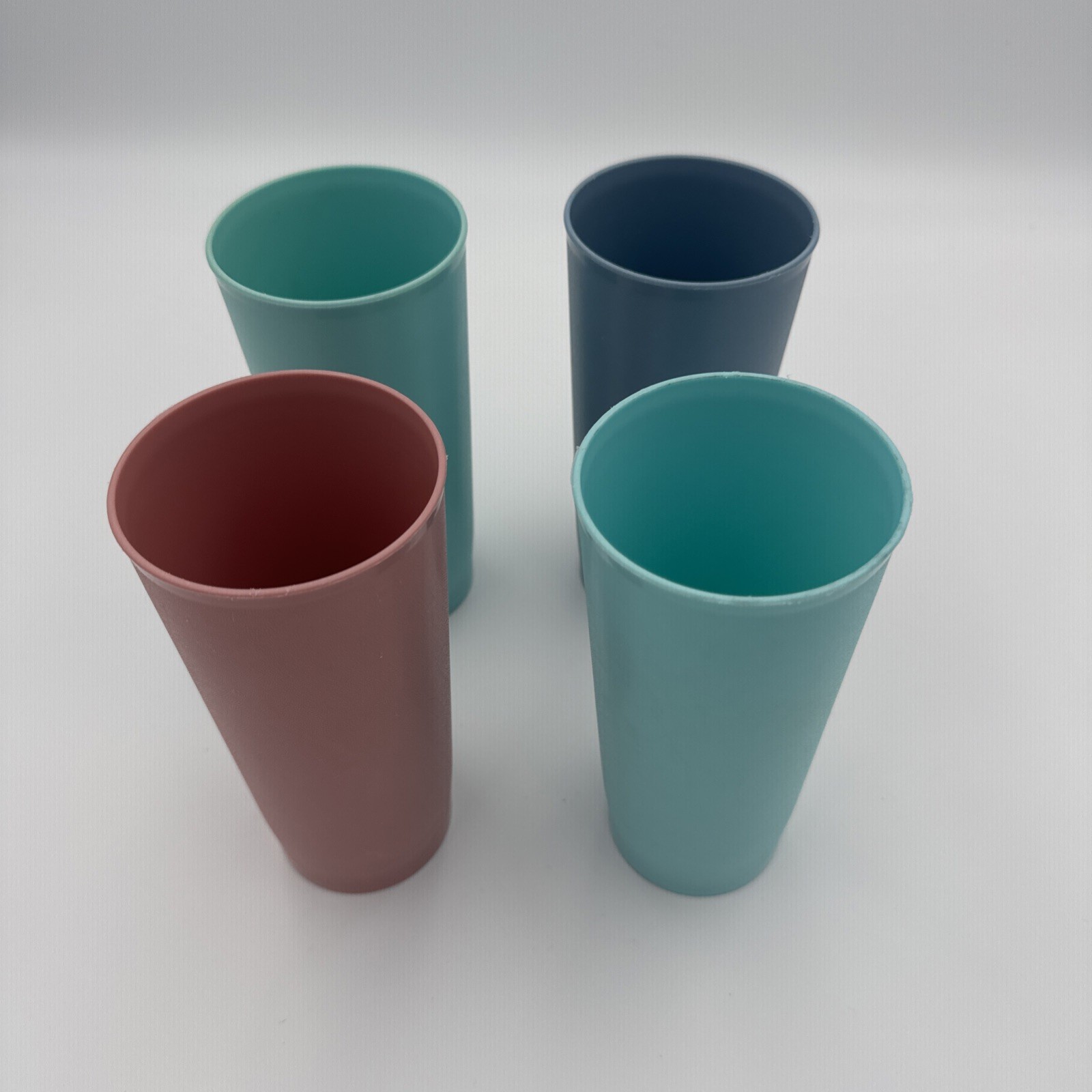 4 Vintage Tupperware Tumblers # 873-32,33,34,35 Aqua,Pink,Blue,Grey (pastel?)