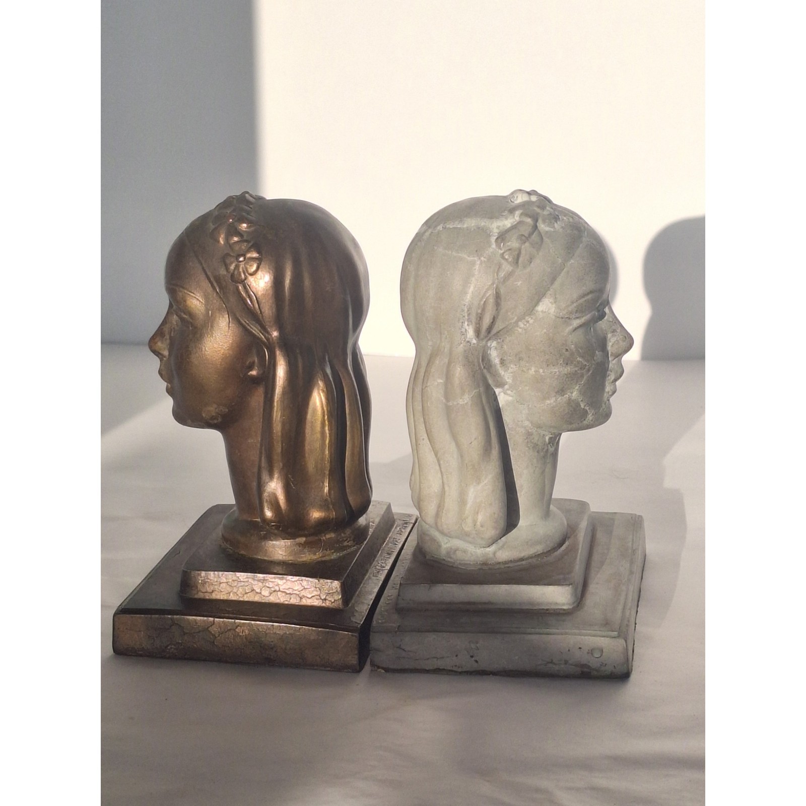 Frankart Art Deco Lady Bust Bookends Bronze & Gray Marbled Finish Pair