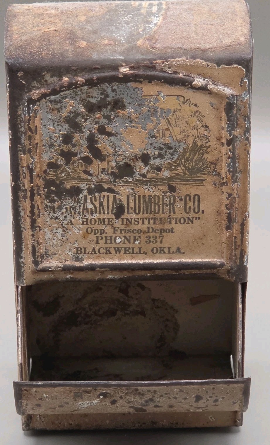 Antique Match Holder Safe Advertising Askin Lumber Co Blackwell OK 1910-1920s