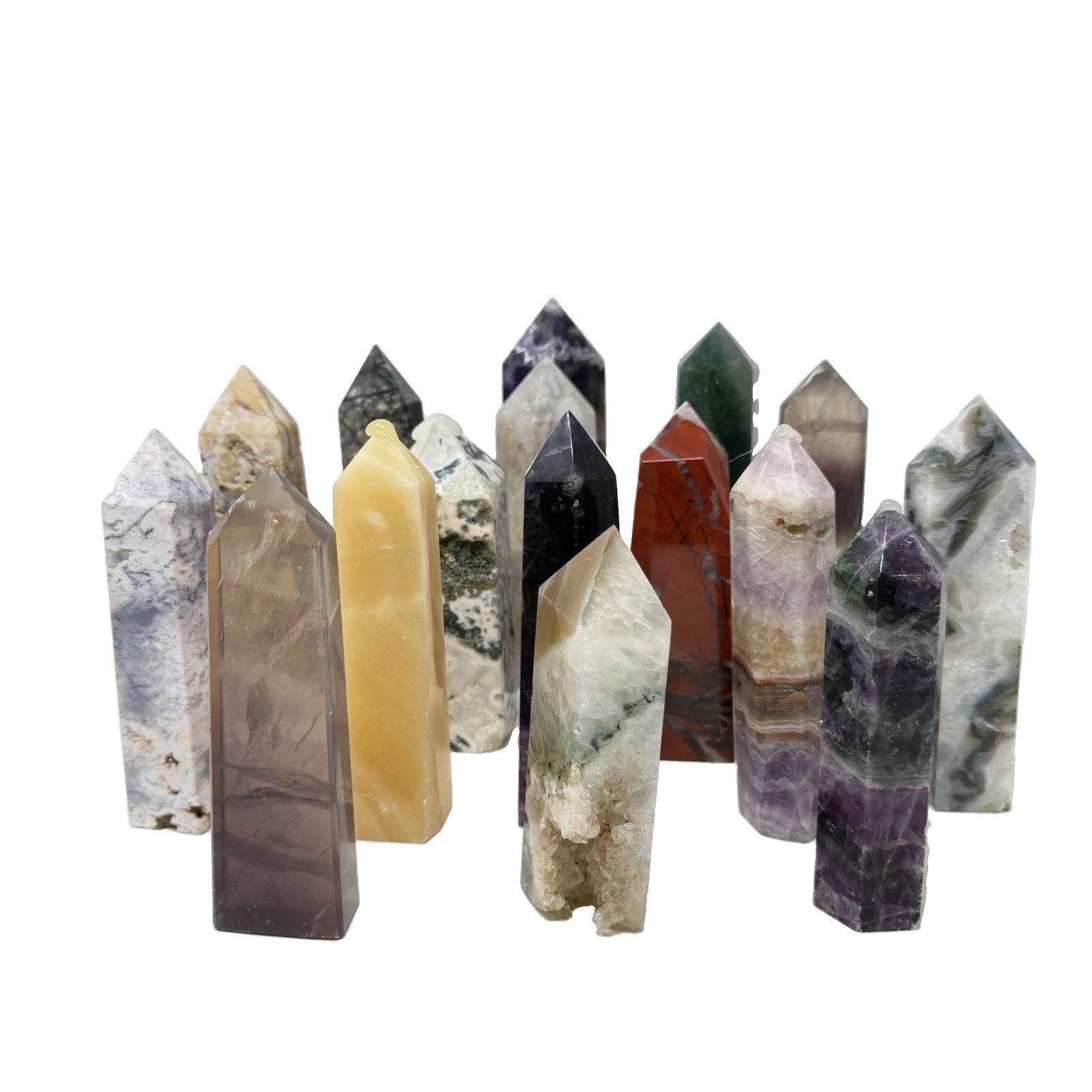 11 Lbs (5kg) Lot Of 15 Crystal Towers Mixed  Materials  Polished 6.5”- 4.5”