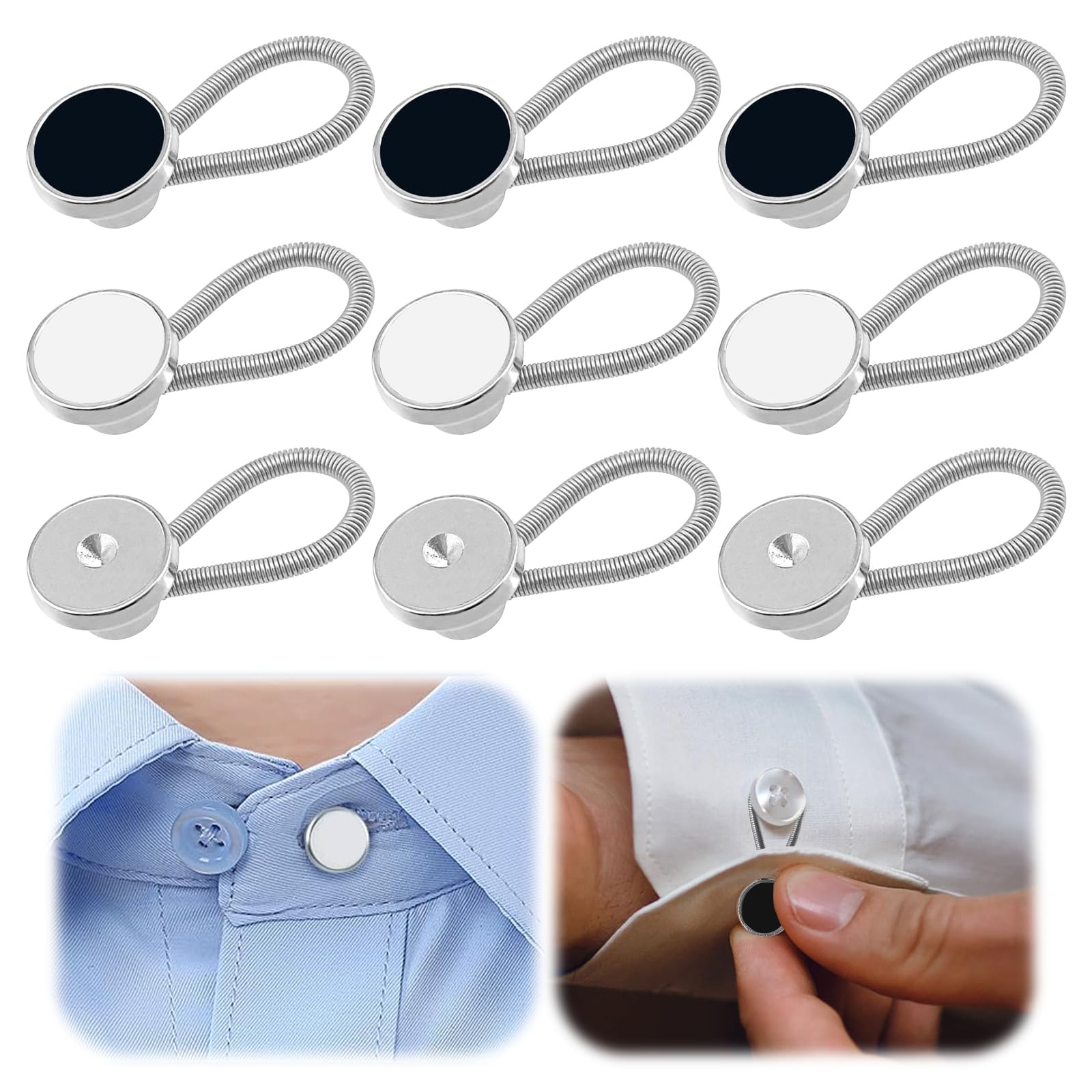 9Pcs Premium Collar Extenders for Men\'s Dress Standard, Black, White, Silver