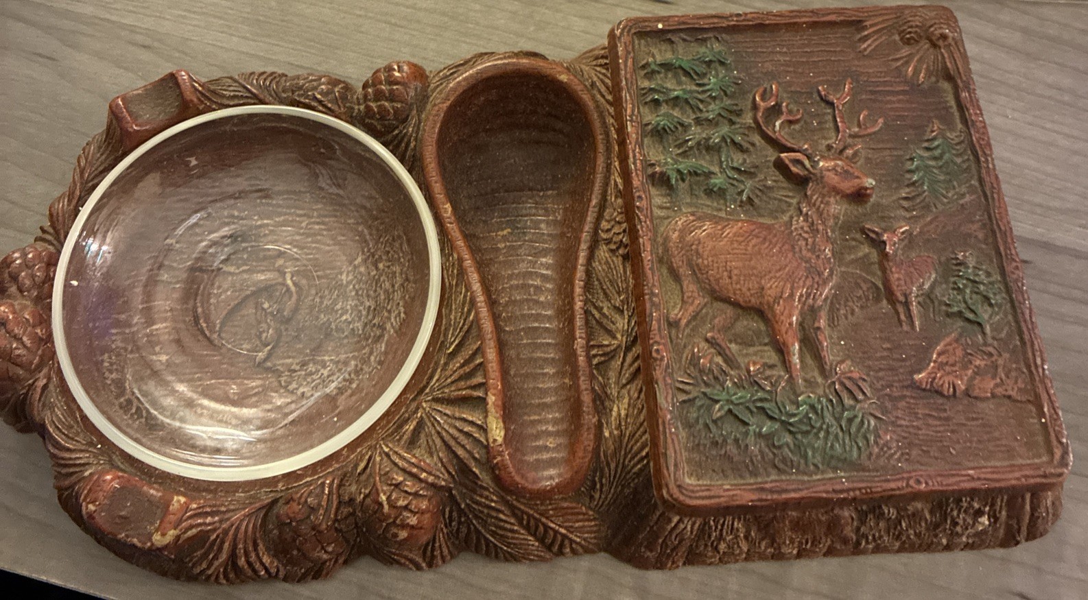 vintage mid-cent smoking set auth molded wood-composite Syroco deer forest motif