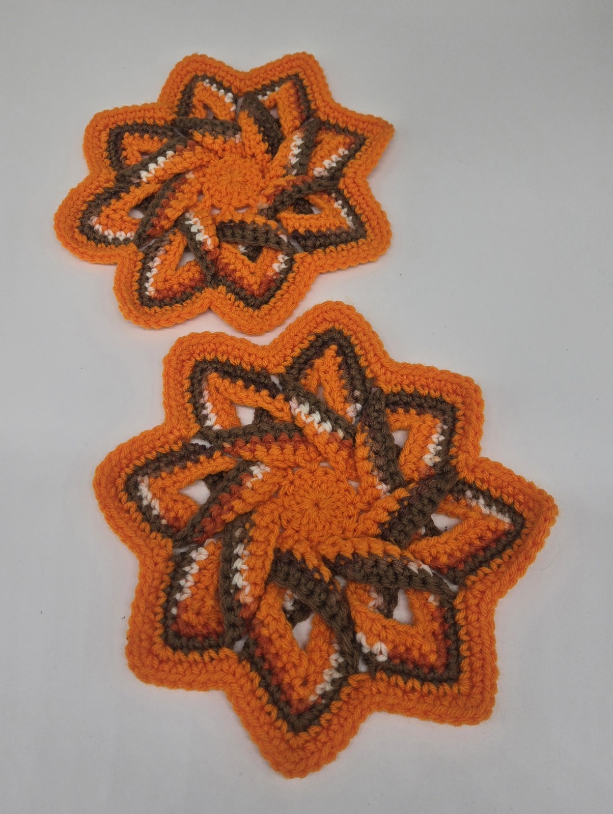 (2) Vintage Crochet Handmade Star Trivet Orange/Brown