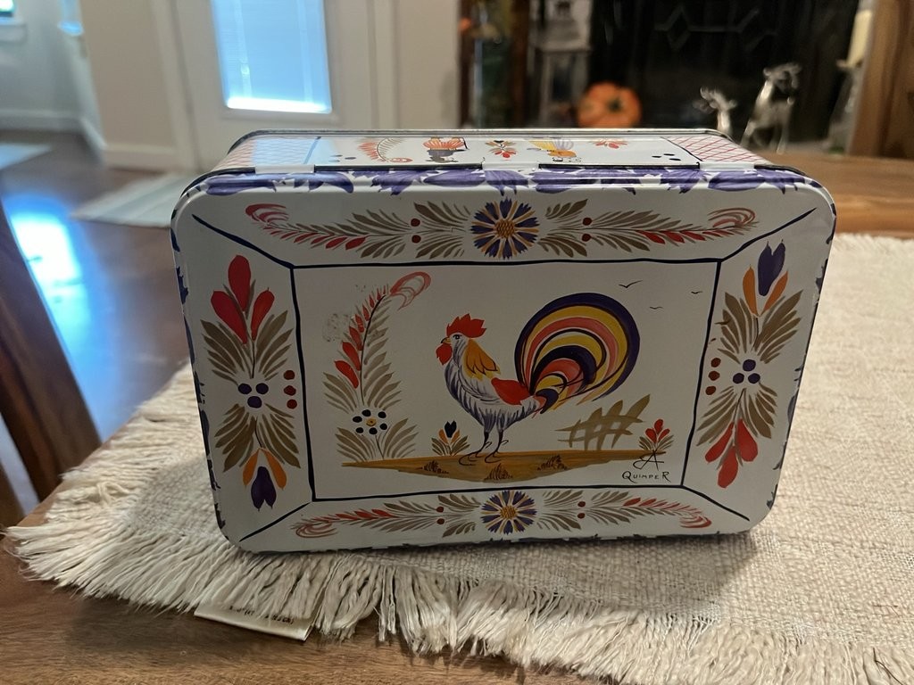 Vintage Quimper French Tin Box Rooster Folk Art Decorative Storage
