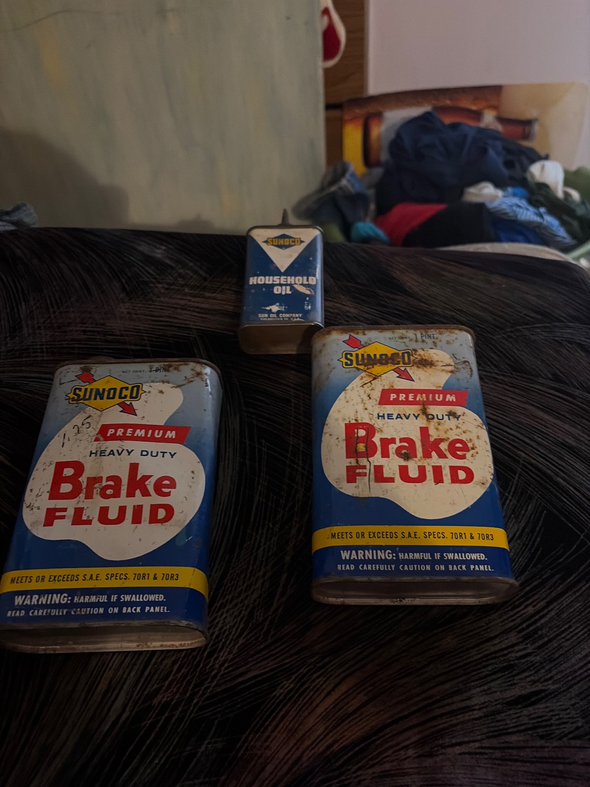 3 vintage sunaco oil tins nsos 4 oz household oiler+ 2 brake fluid tins