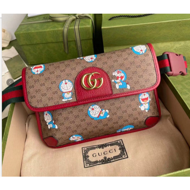Gucci Doraemon Web Flap Belt Bag Printed Mini GG Coated Canvas Brown