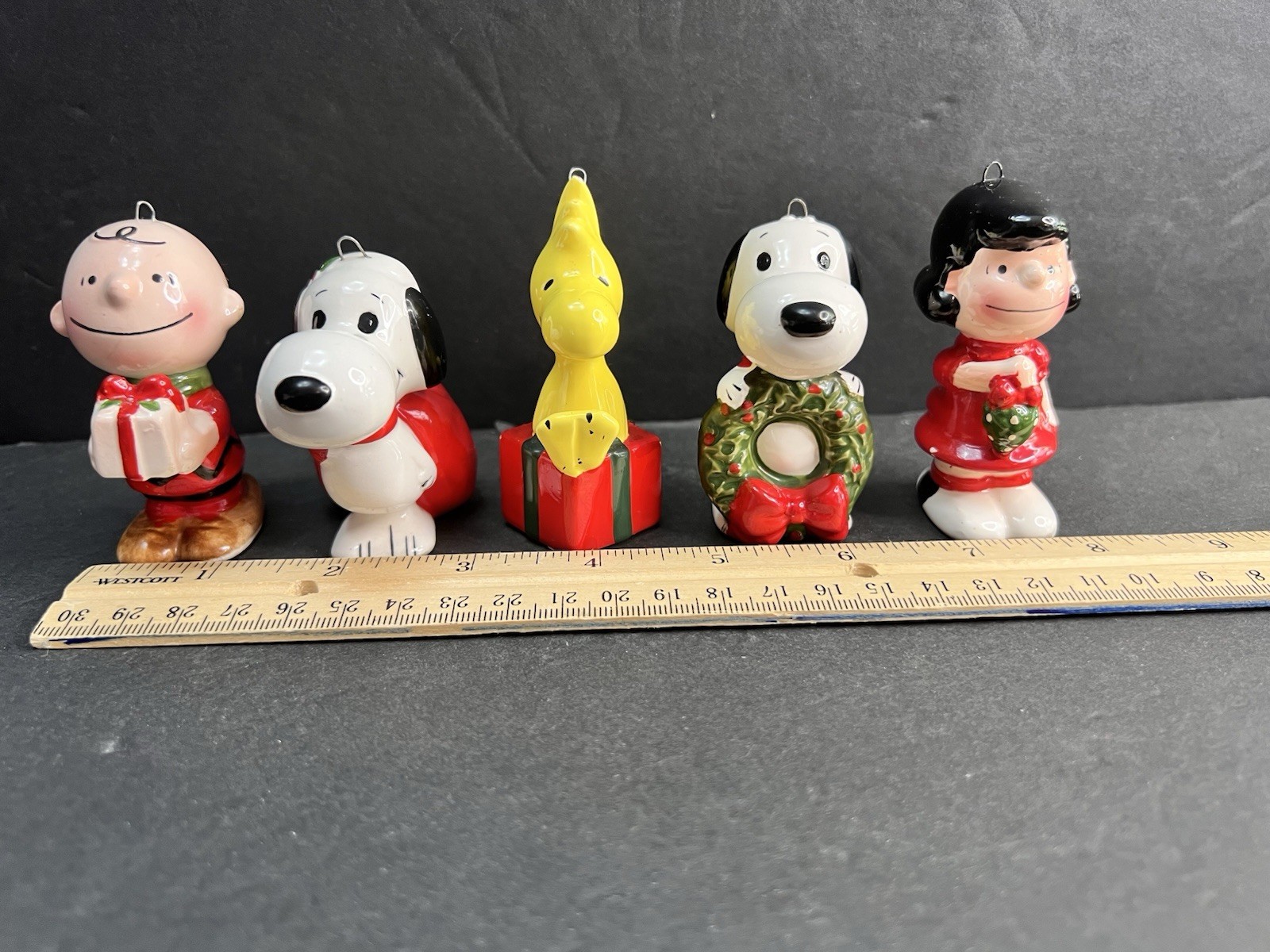 Vintage 1966 Peanuts Set Of Snoopy Charlie Lucy Japan Christmas Ornaments