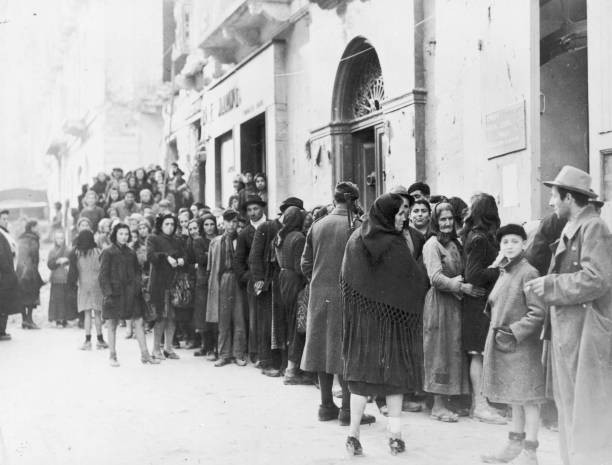 Queue Italian people queuing food rations a liberated Italian town- Old Photo