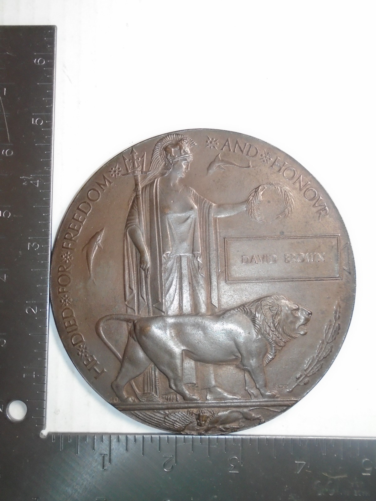 Original WWI British Bronze Memorial Plaque Dead Mans Penny - David Brown Named
