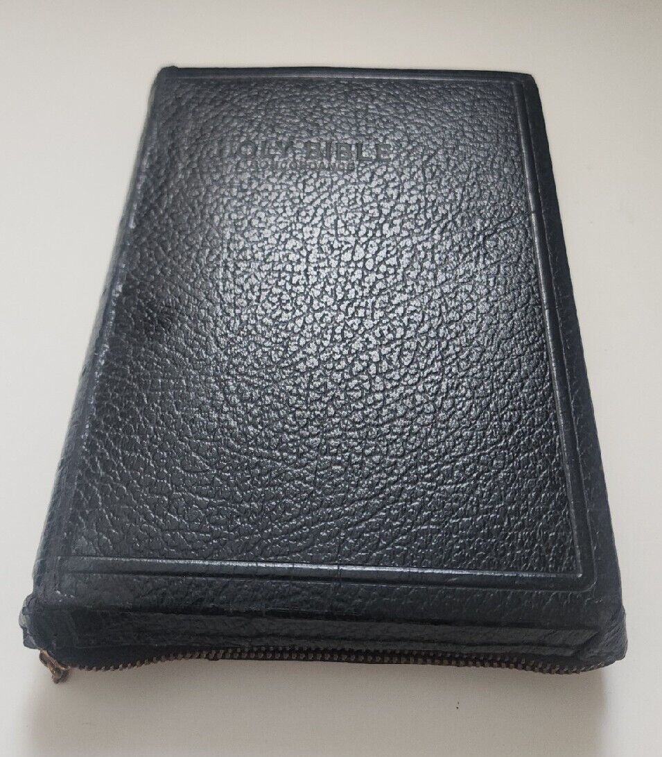 Vintage 1952 KJV Holy Bible Old & New Testaments- leather zip cover -cross charm