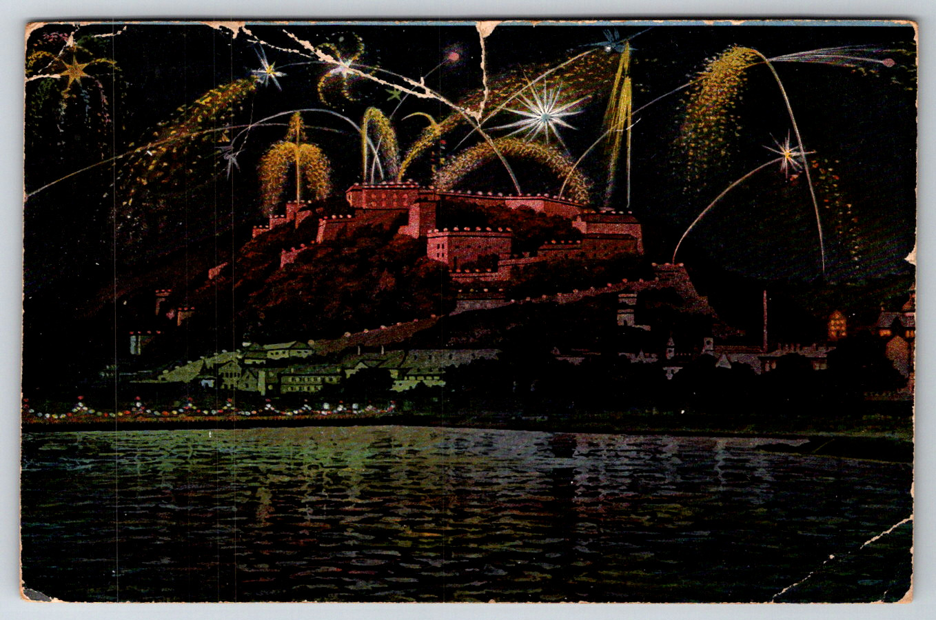 c1910s Ehrenbreitstein Am Rhein Germany Night Fireworks Antique Postcard