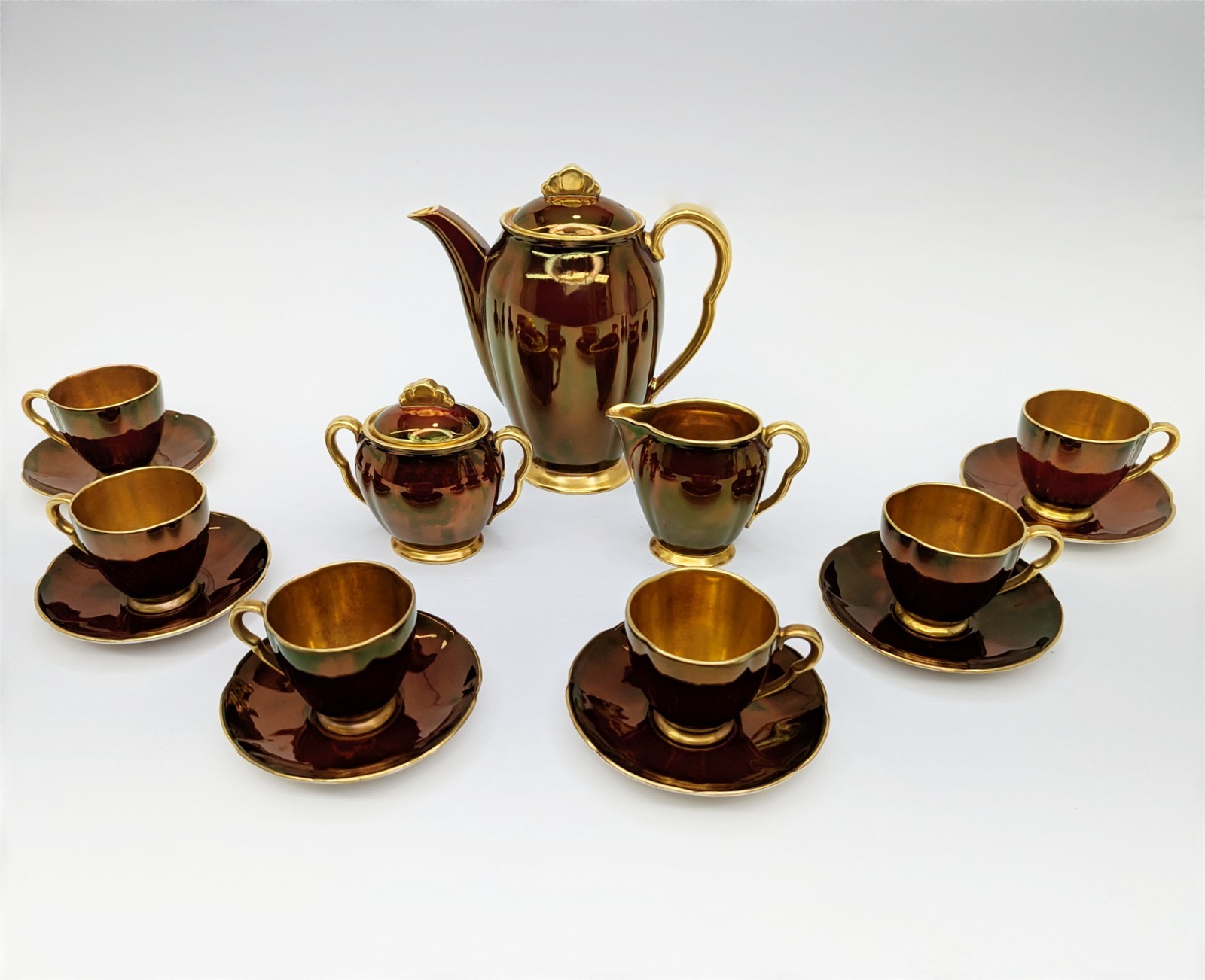 Vintage Carlton Ware Rouge Royale Coffee Set 15-Pc for 6 England c1950 Gilt Tea