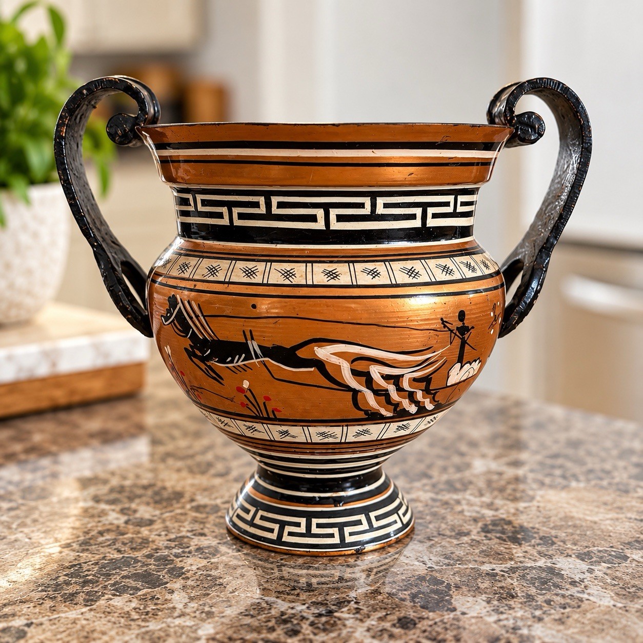 Vintage Greek Hand Painted Copper Urn Amphora Vase 1970s Made in Greece