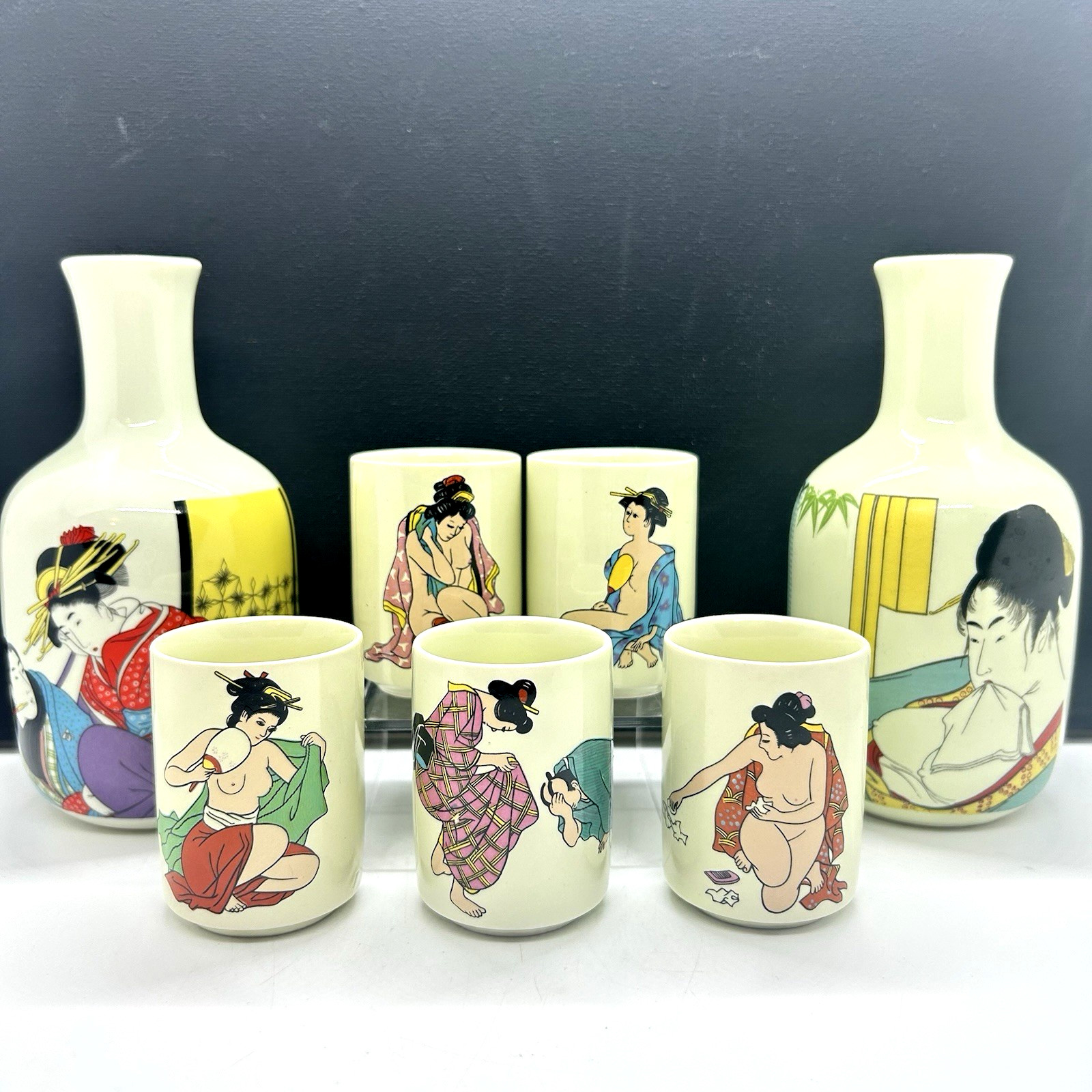 Vtg Japanese Shunga Porcelain Bathing Geisha Girls Sake Set Carafes + Cups