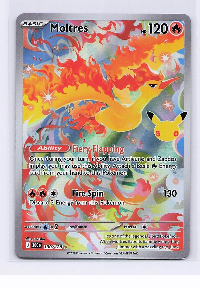 MOLTRES 130/128 POKEMON ILLUSTRATION RARE ME: 30TH CELEBRATION HOLO NM