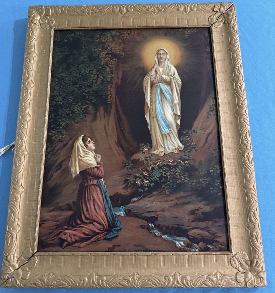 ~FRAMED VINTAGE OUR LADY OF LOURDES TIN PRINT 29” ~