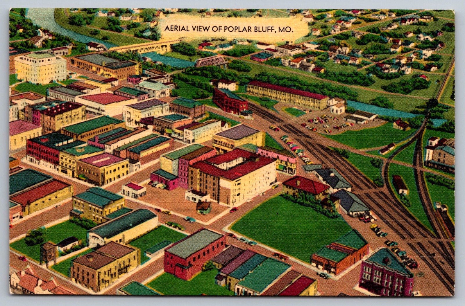Poplar Bluff Missouri Pacific Railroad c.1940s Aerial View Vintage Postcard