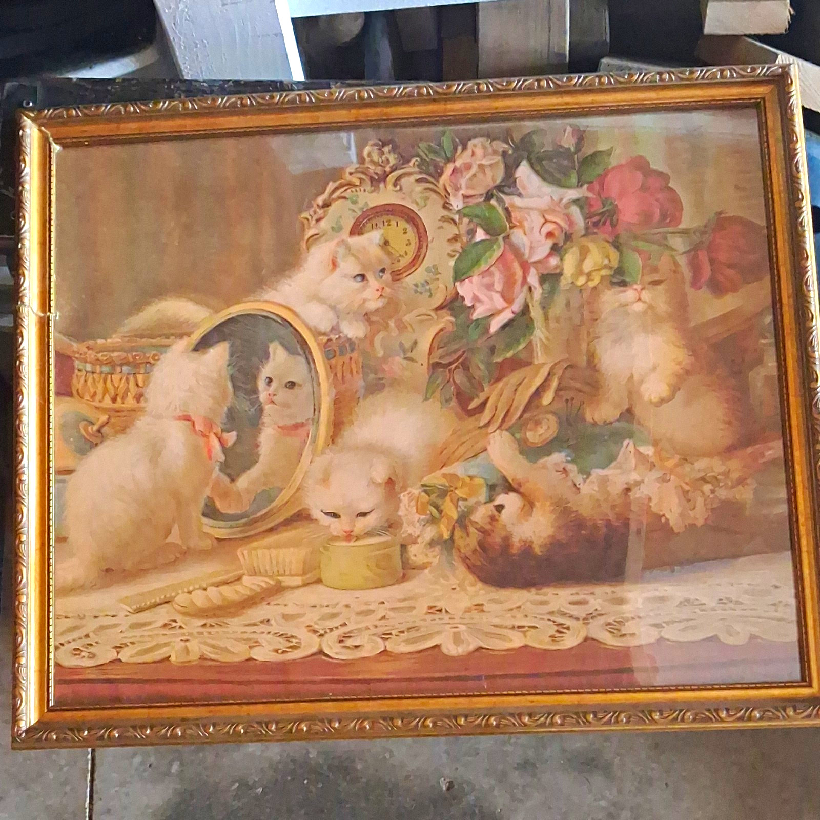 Signed H.C. Pilut Framed Cat Art Print with Kittens & Mirror, Ornate Frame