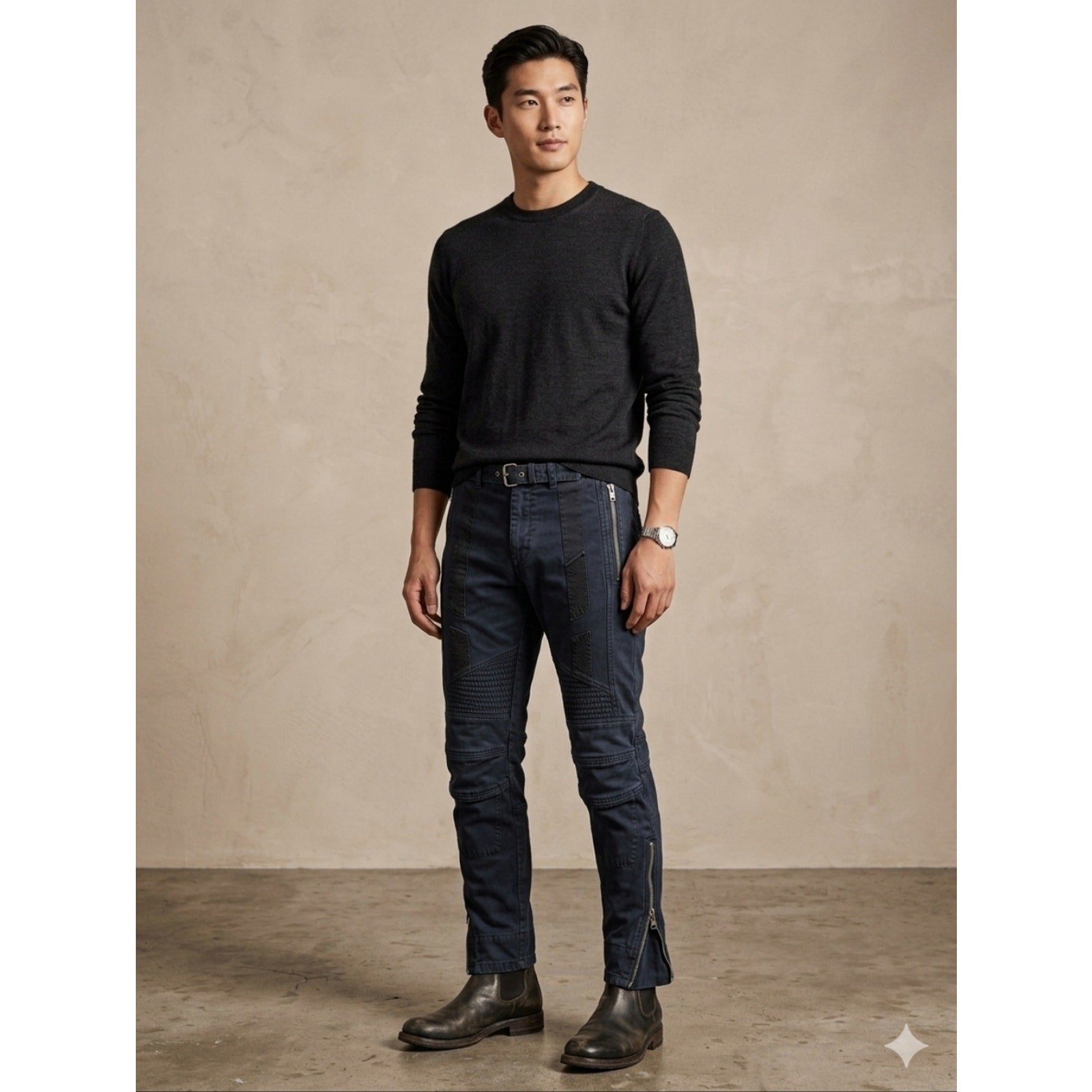 DRIES VAN NOTEN AW14 Cotton Bondage Biker Pants Size 46EU/36US Blue & Black