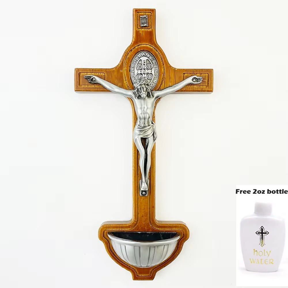 Catholic Holy Water Cross Christ Crucifix Wood Alloy Wall Decor Religious Gift
