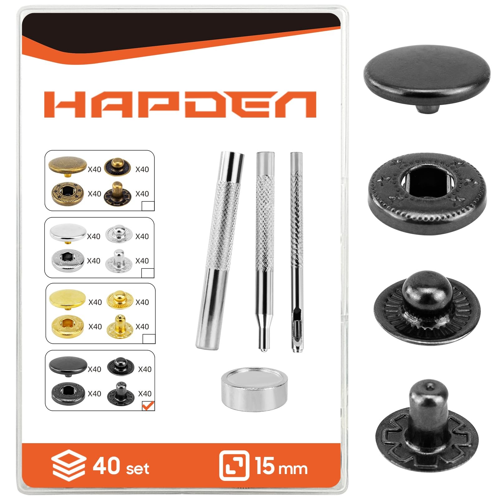 Leather Snaps and Fasteners Kit，15mm 40 Sets Metal Snap Buttons 15MM, Black 