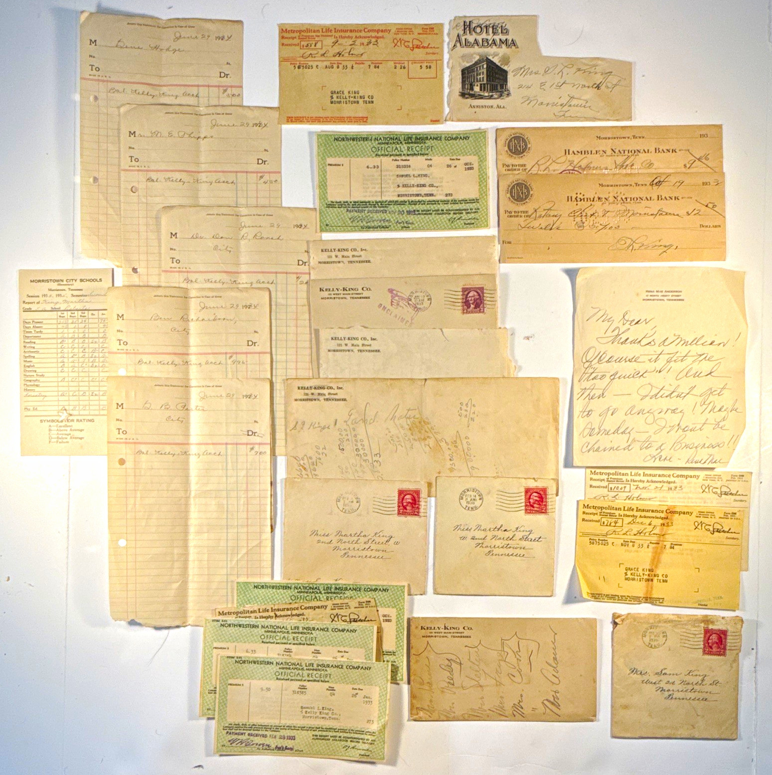 1930s Morristown TN Ephemera Lot Letters Envelopes Receipts Checks Hotel Alabama