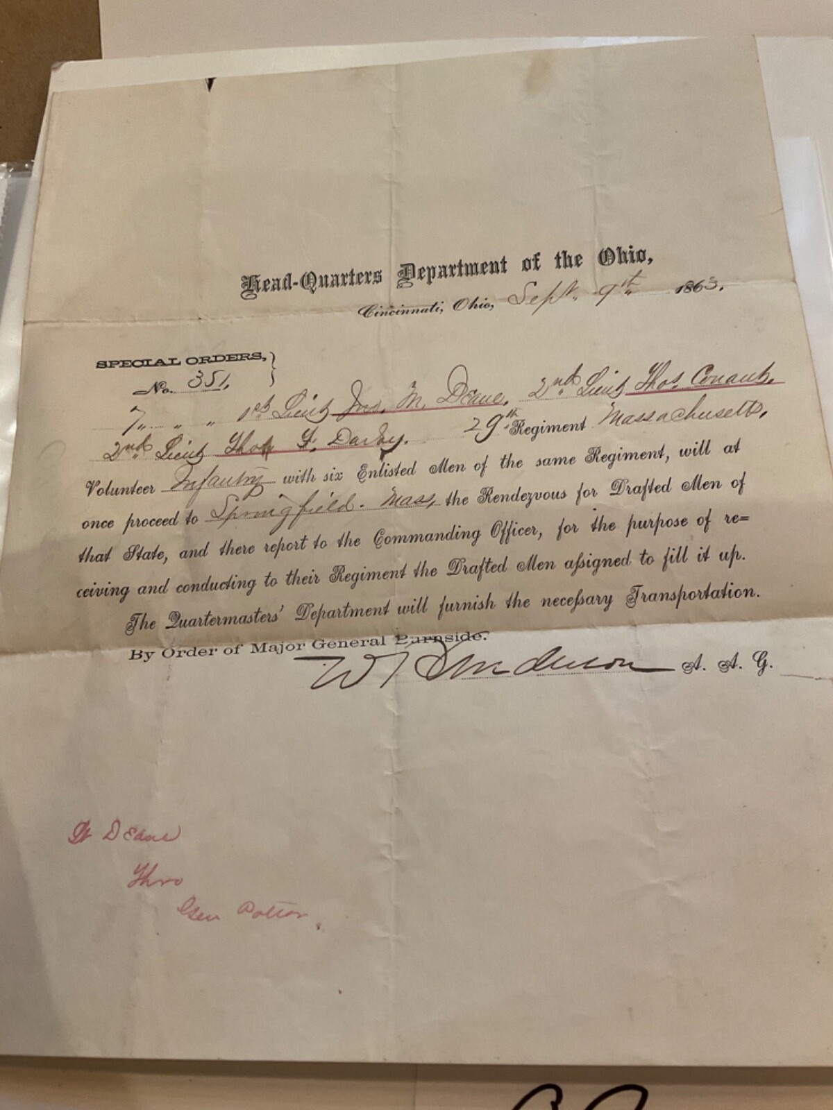 92 CIVIL WAR CINCINNATI OHIO DEPARTMENT TO GUARD DRAFTEES 1863 ORDER BRUNSIDE