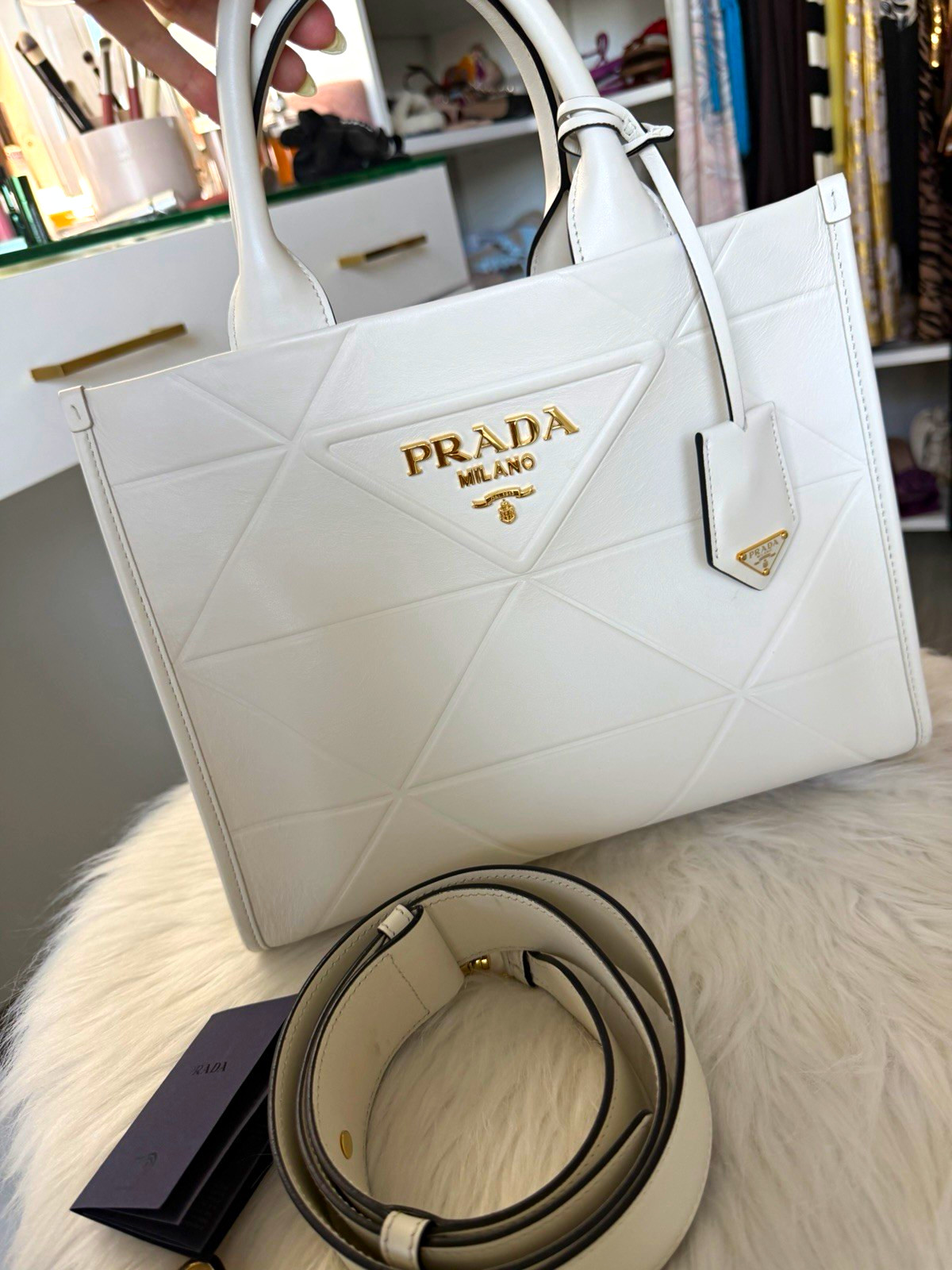 PRADA White Leather Geometric Satchel Top Handle Zip Bag Detachable Strap
