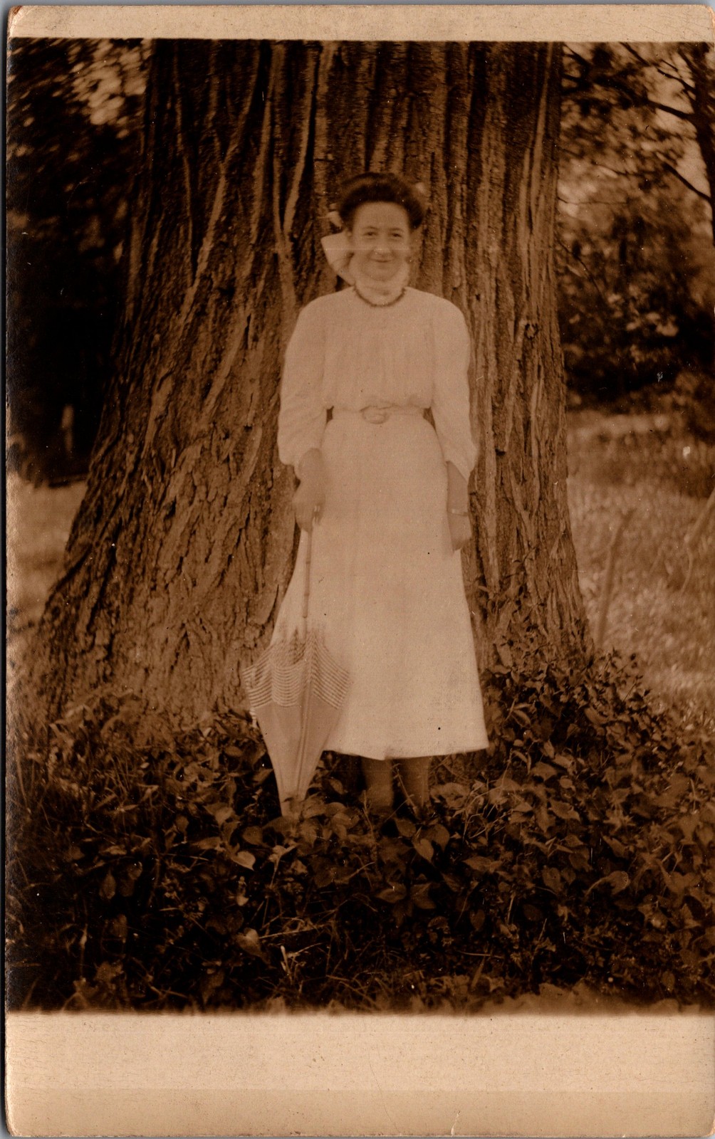 Antique RPPC Portrait Woman with Parasol by Tree Early 20th Century Postcard