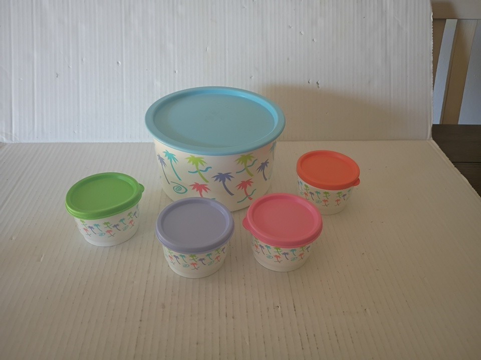 New Tupperware Canister And 4 snack cup Set palm trees tropical 