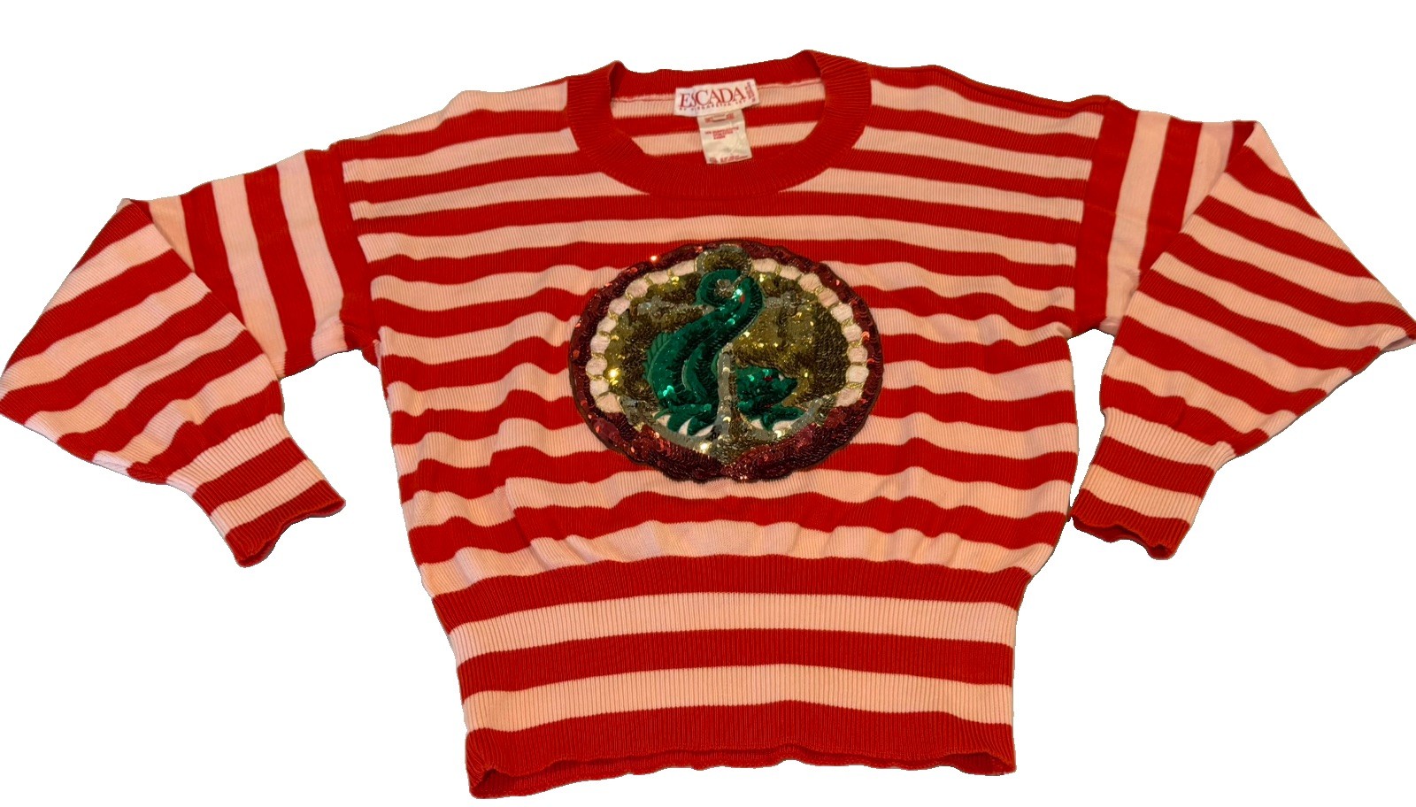 ESCADA VINTAGE RED AND PINK STRIPED SWEATER, Green Sequin Peacock Size 38