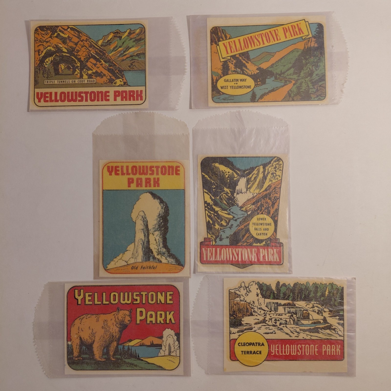 Lot Of 6 NOS Vintage 1950s 1960s Yellowstone Park Souvenir Decals With Sleeves