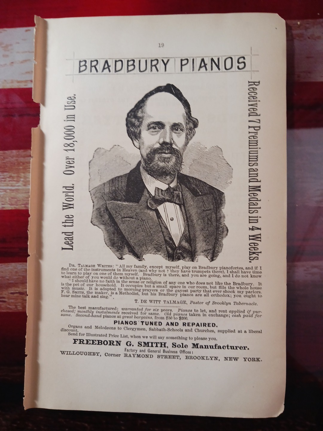 ~1884 Print Advertising Freeborn G. Smith Manufaturer of BRADBURY PIANOS NYC 