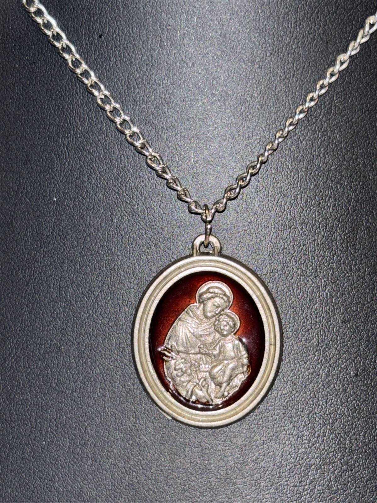 Vintage St Anthony of Padua Medal Necklace  Enamel Silver Tone Pray For Us 20”