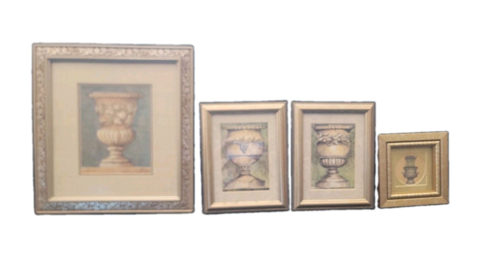 SET of 4 Vintage Shabby Chic Metallic Picture Frames w/ Grecian Urn  Prints
