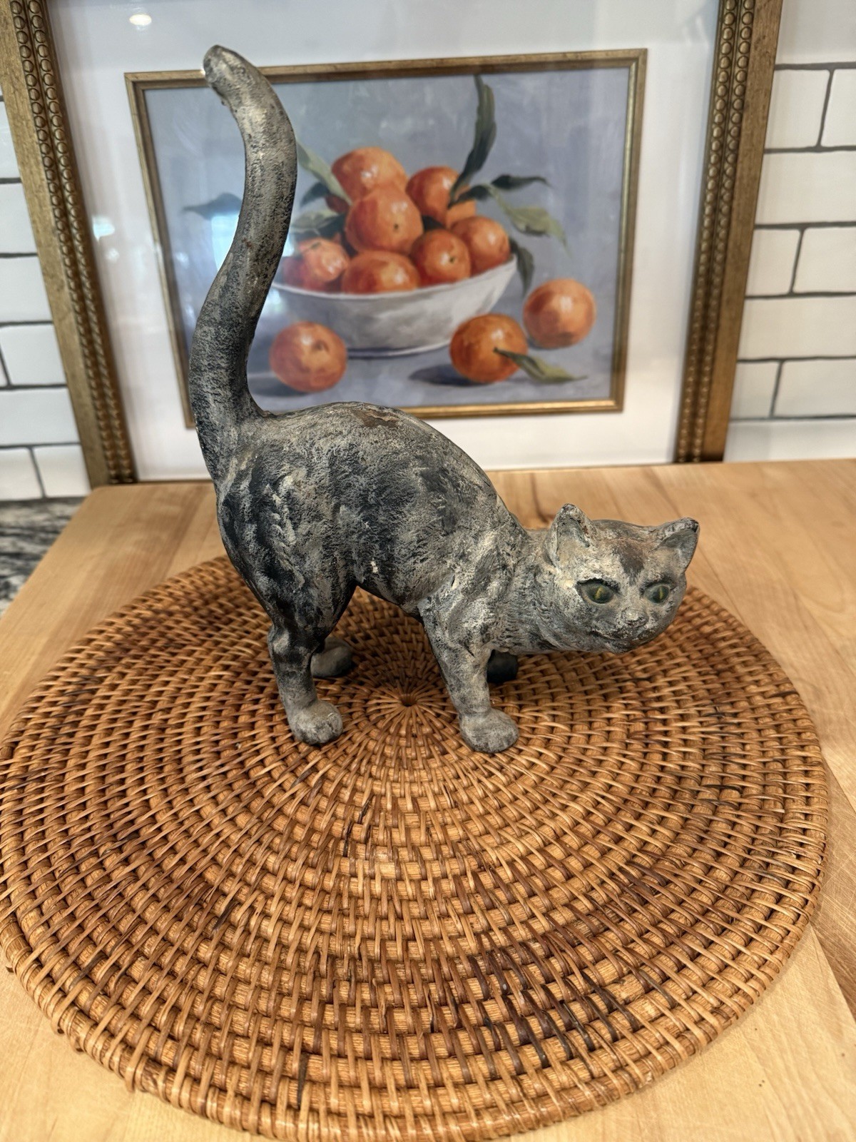 Vintage Hubley Style Heavy Cast Iron, Arched Back, Tail Up, Black Cat Door Stop