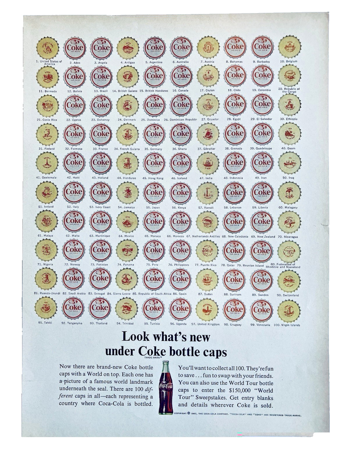 Coca-Cola 1962 Print Ad World Tour Coke Bottle Caps From Different Countries