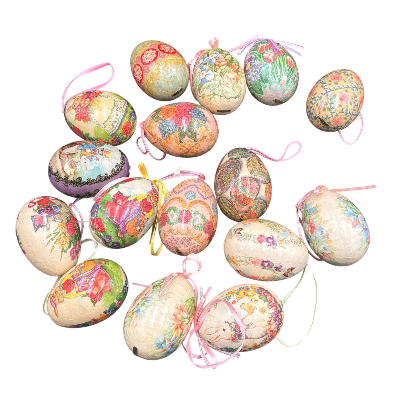 Handcrafted Vintage Decorative Hanging Easter Eggs Floral Bunny Motifs Lot Of 16