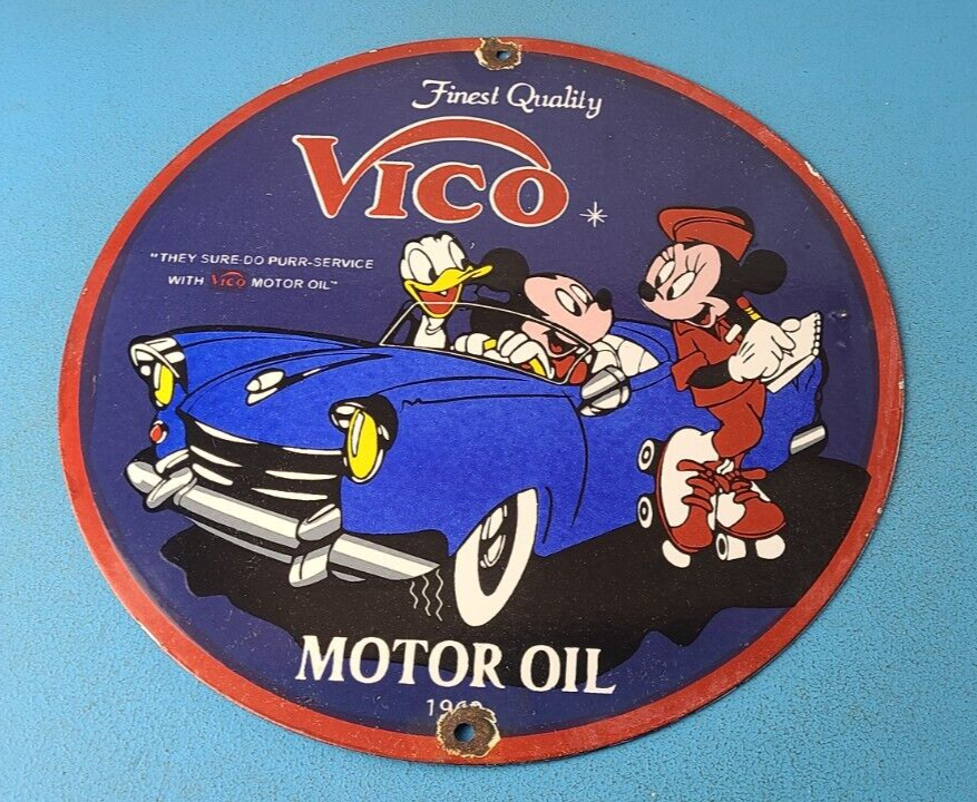 Vintage Vico Motor Oil Sign - Porcelain Walt Disney Gasoline Pump Plate Sign