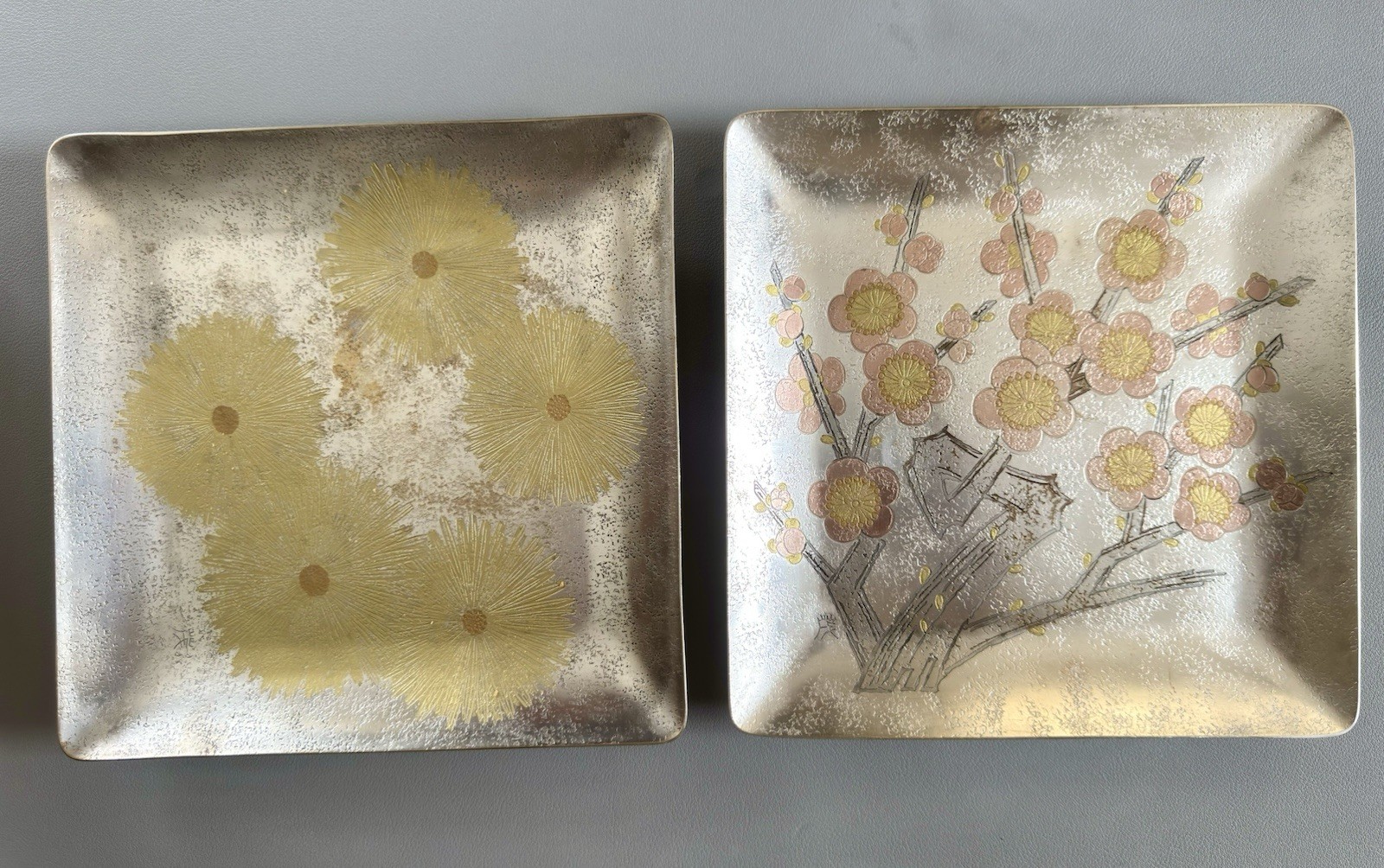 Vintage Japanese Metal plates Yoshishige Teramoto, Silver, Gold Cherry Blossom