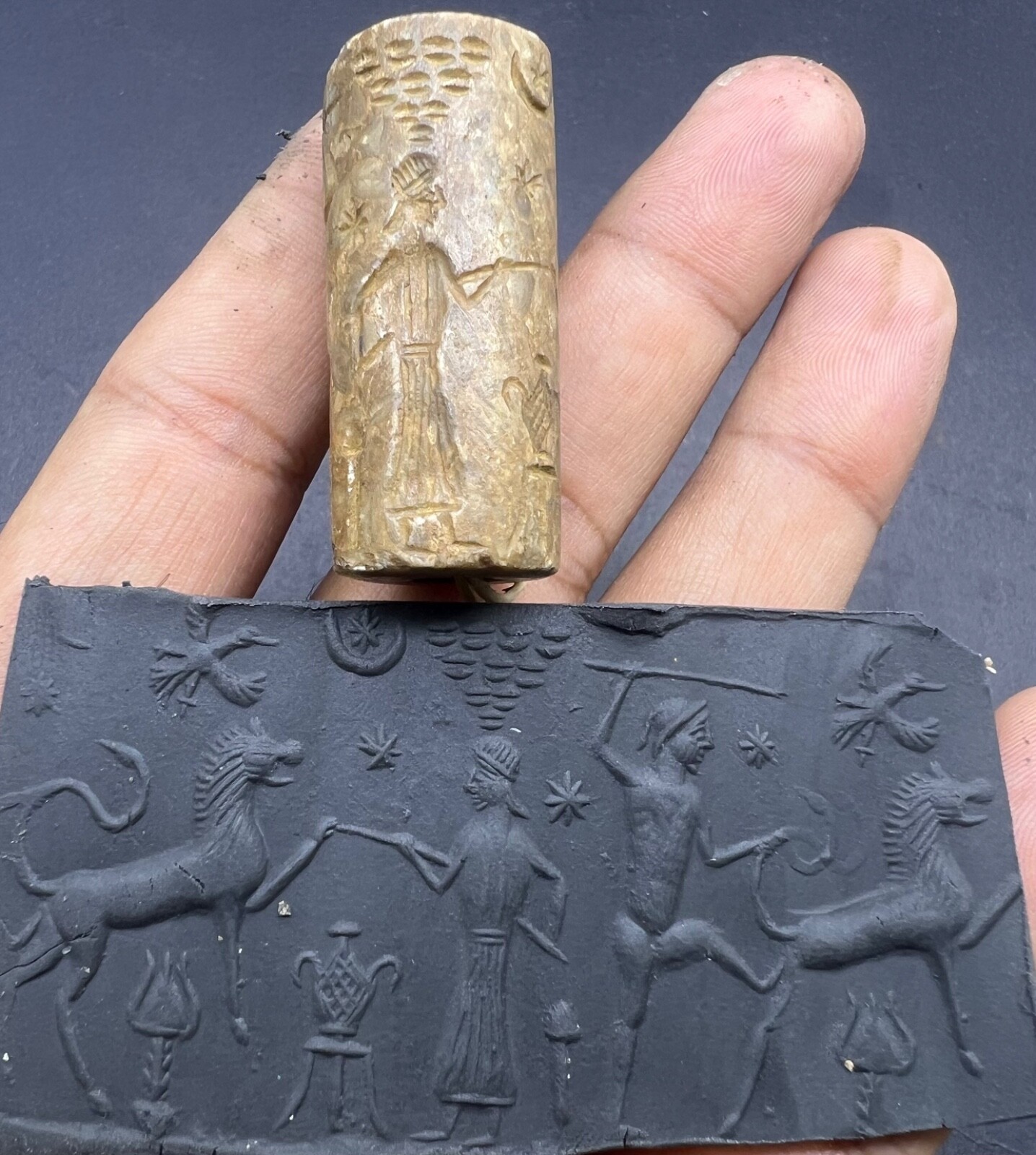 Old Babylonian bronze Cylinder seal Intaglio with Presentation Scene, 2100-1900