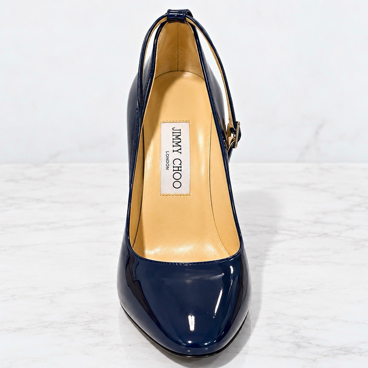 Jimmy Choo Navy Patent Leather Ankle Strap Block Heel Pumps US 8 B EU 38