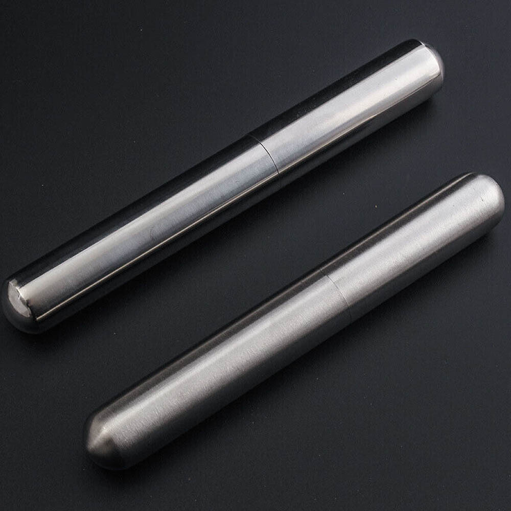 2X Silver Portable Cigar Tube Box Stainless Steel Single Cigarette Storage Case