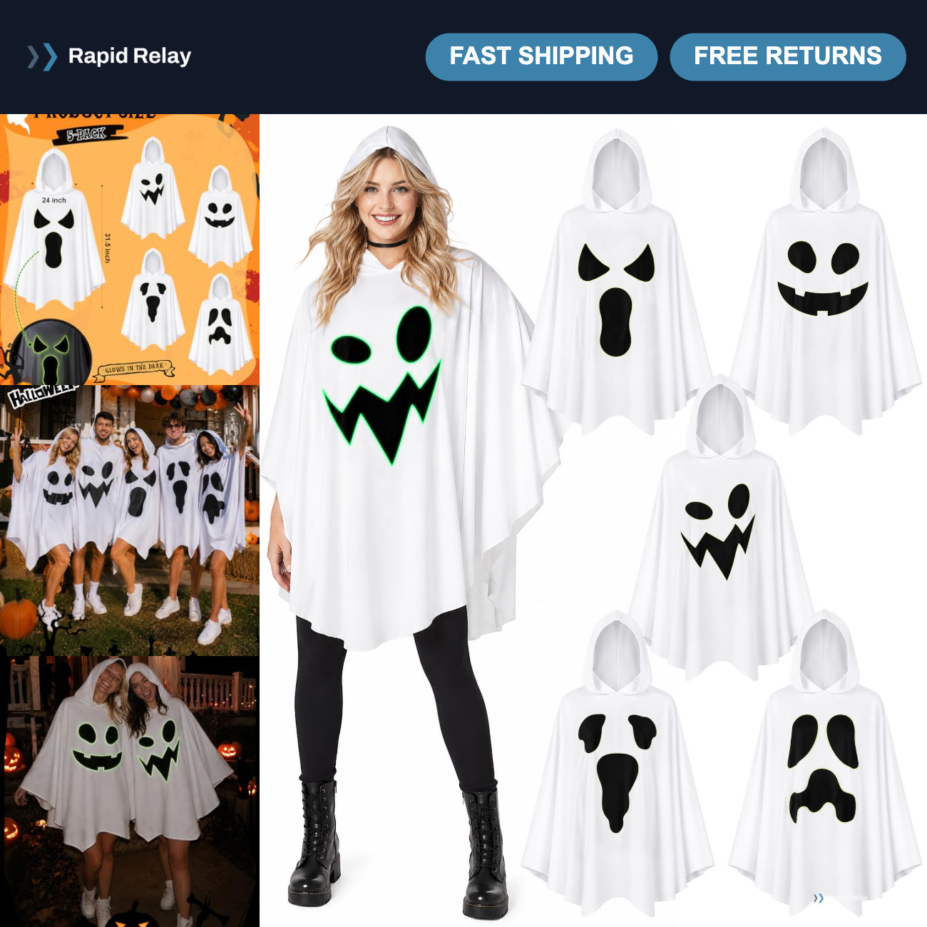 5 Pcs Glow-in-the-Dark Halloween Ghost Ponchos Family Costumes for Adults & Kids