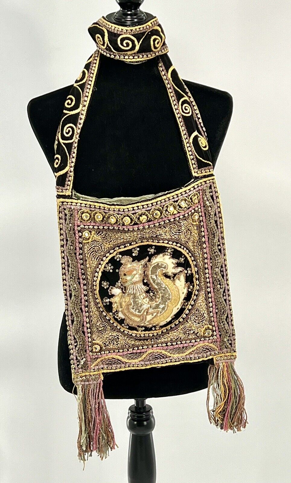 Vintage Kalaga Tapestry Cross Body Bag/Embroidered  Burmese Thai India/12”x 12”