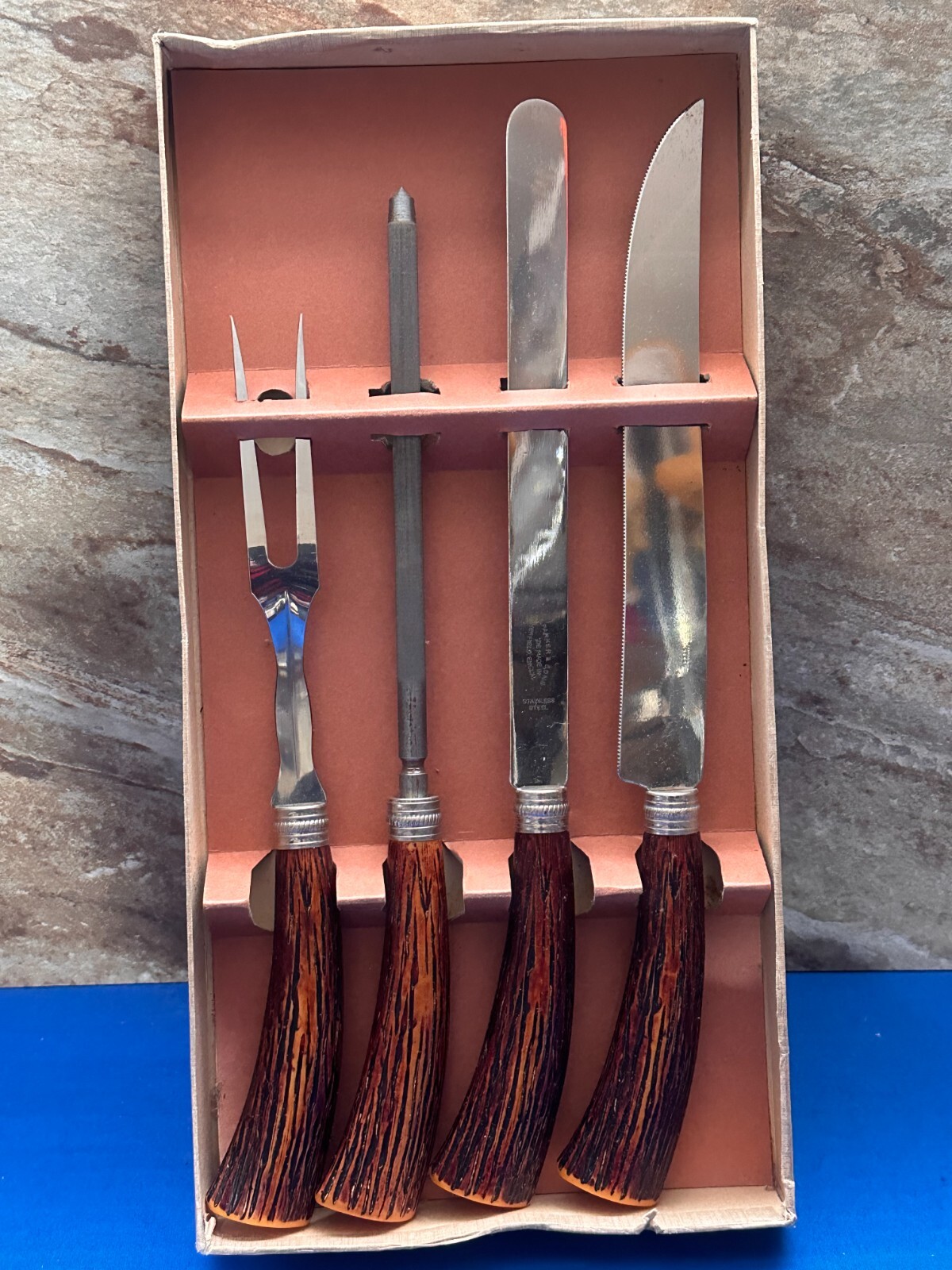 Vintage Sheffield England 4 Pc Faux Antler Stainless Steel Carving Set with Box
